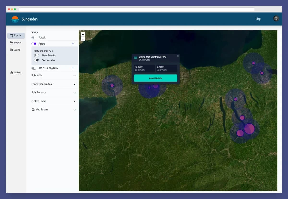 Project location tracking view showing existing sites and installed capacity
