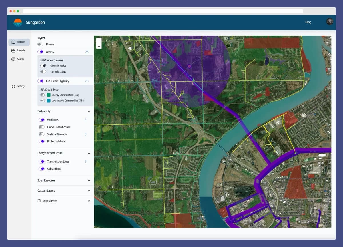 Map layers showing wetlands, substations, and transmission lines over parcels