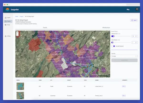 Sungarden map showing parcels filtered by feeder hosting capacity
