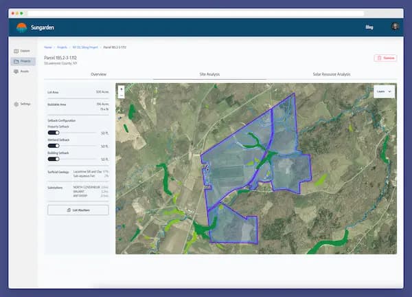 Screenshot of site analysis view showing buildable area constraints